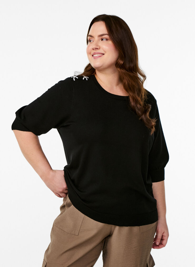 Knitted blouse with short sleeves and small bows, Black, Model image number 0