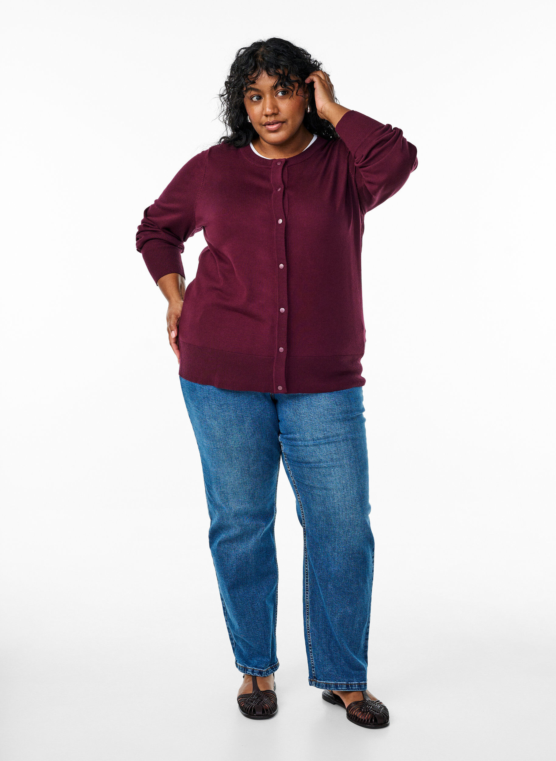 ZizzifashionKnitted cardigan with round neck and buttons, Red, Model image number 1