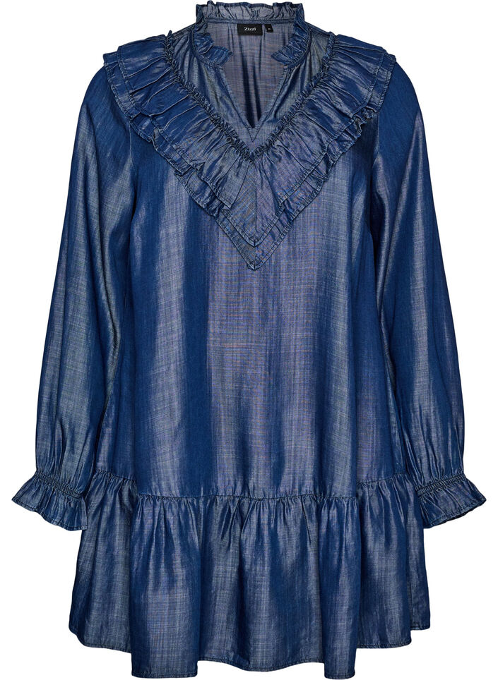Short denim-look dress with ruffles, Blue, Packshot image number 0