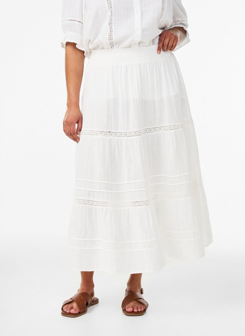 A-line midi skirt in cotton muslin with crochet band, White, Model image number 2