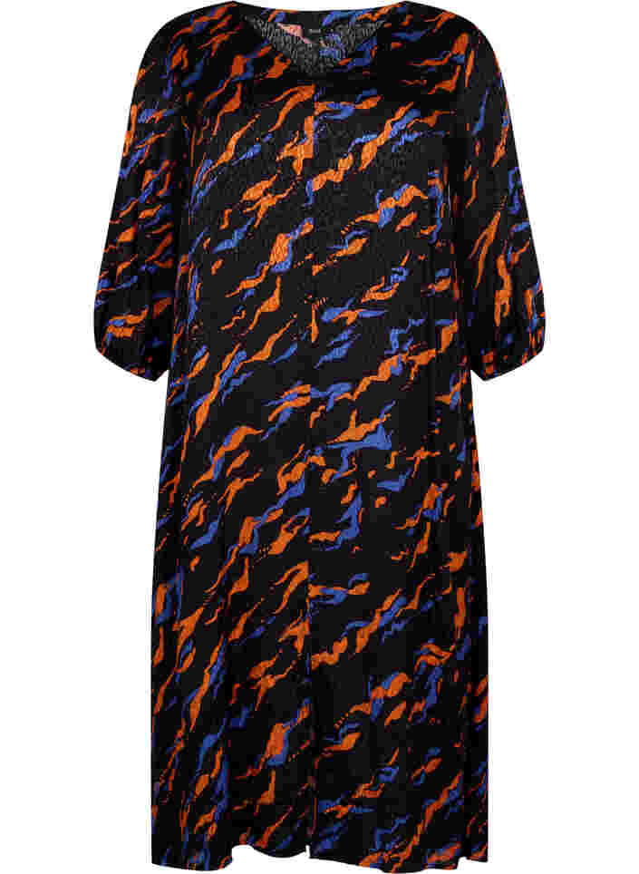 Printed midi dress with 3/4-length sleeves in viscose, Black Tiger AOP, Packshot image number 0