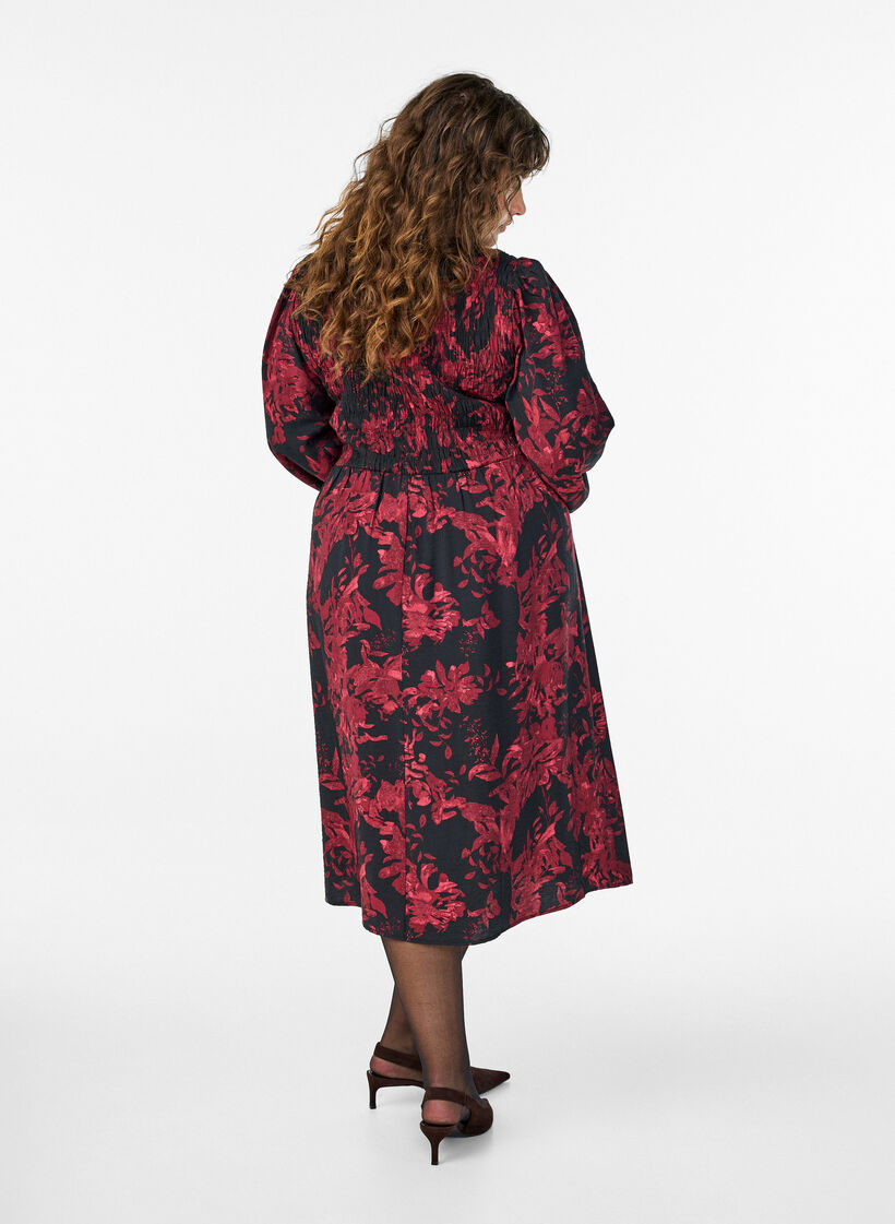 Floral dress with a smocked top, Black, Model image number 1