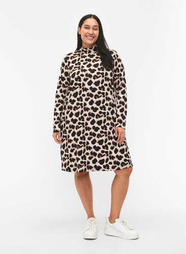 FLASH - Long sleeve dress with turtleneck, Leopard AOP, Model image number 2