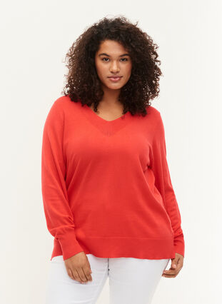 Viscose knitted top with v-neckline, Hibiscus, Model image number 0