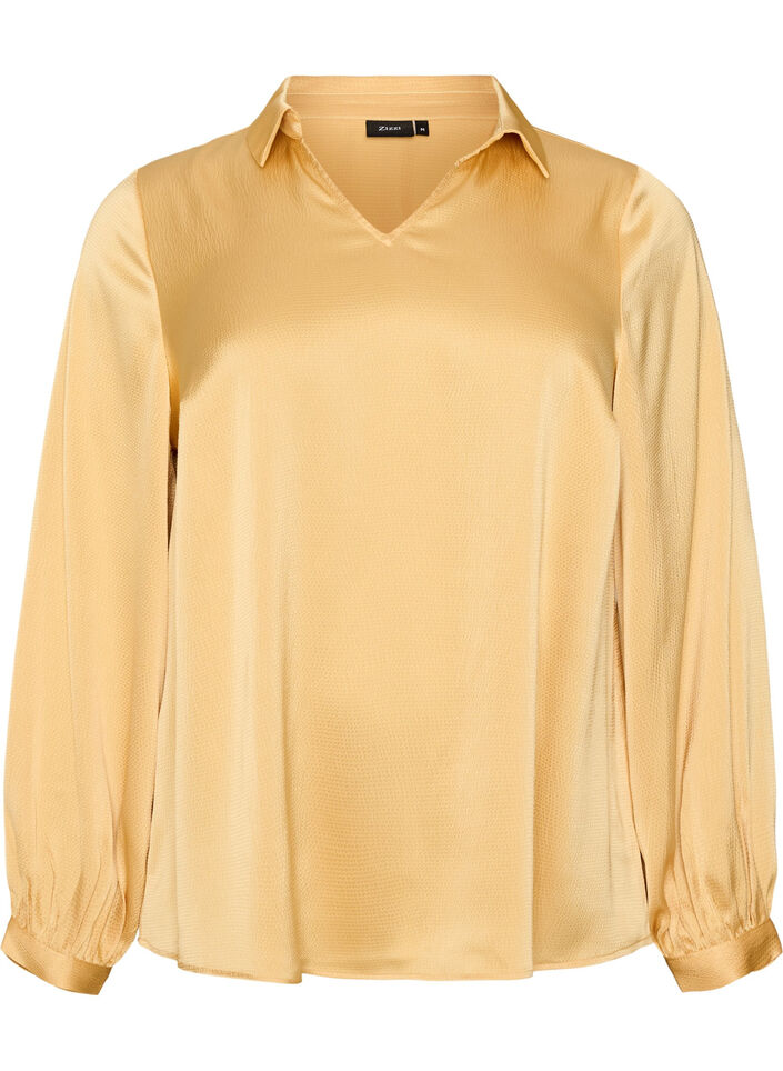 Blouse with shirt collar and V-neck, Yellow, Packshot image number 0