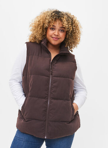 Short vest with high collar and pockets, Black Coffee, Model image number 0
