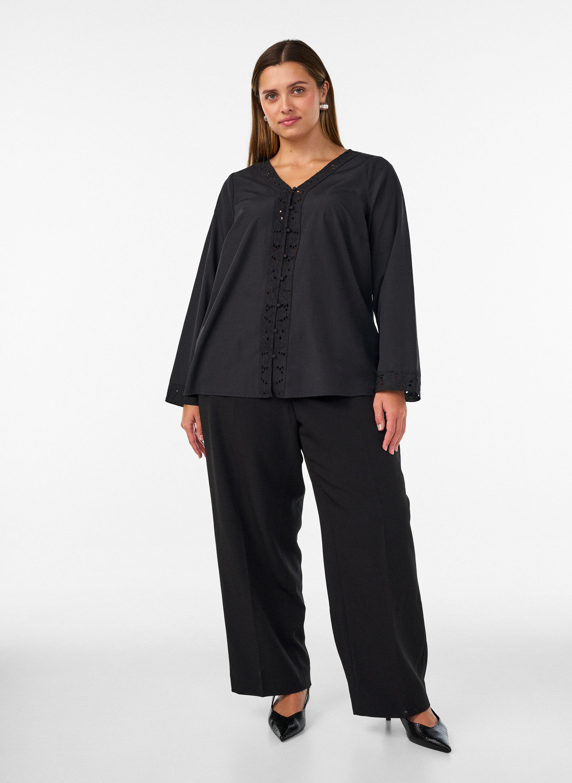ZizzifashionShirt blouse with broderie anglaise, Black, Model image number 1