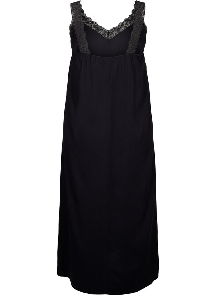 Midi-length strap dress in viscose with lace, Black, Packshot image number 1
