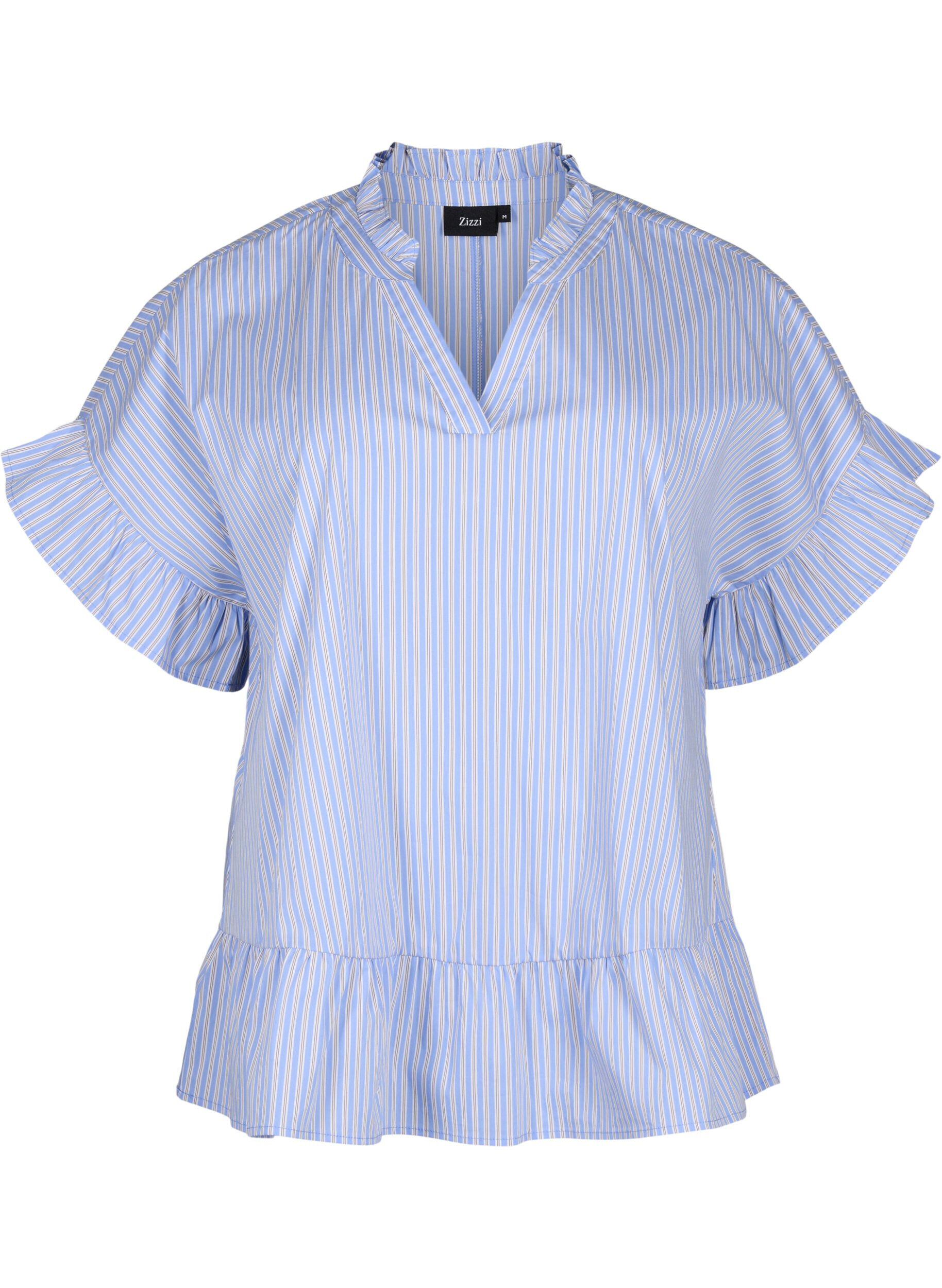 Zizzifashion Striped blouse with peplum and ruffle details, Blue Stripe, Packshot image number 0
