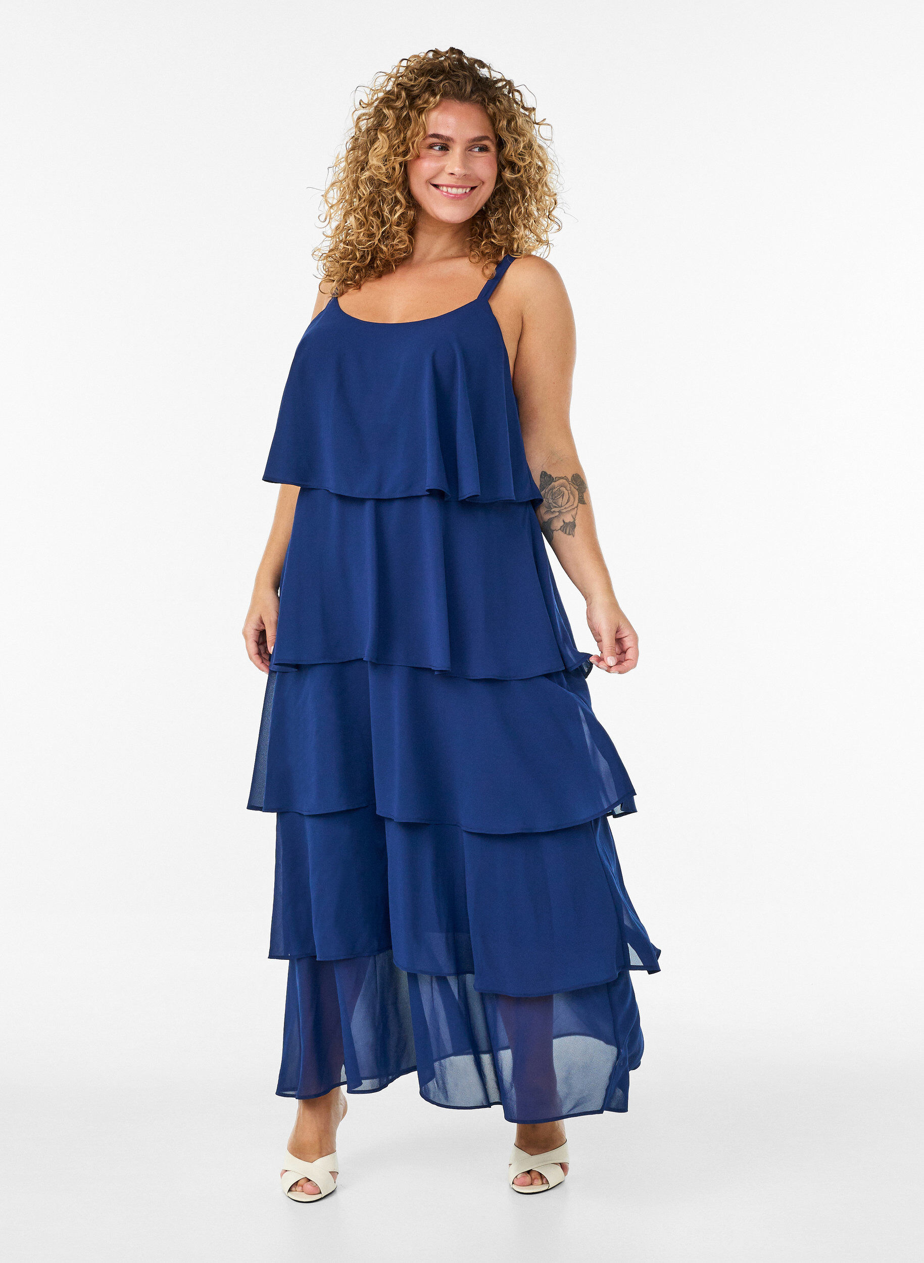 ZizzifashionMaxi dress with ruffle layers and detachable cape, Blue, Model image number 0