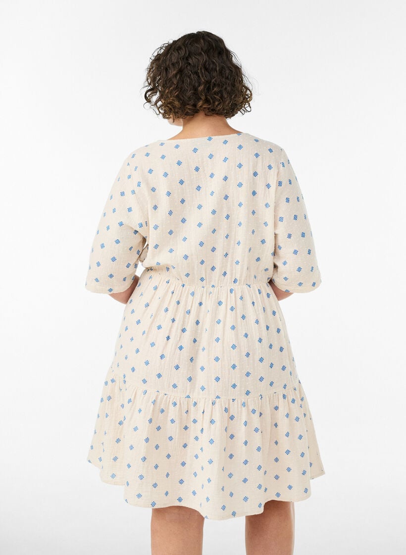 Printed cotton dress with an elasticated waist, Beige, Model image number 2