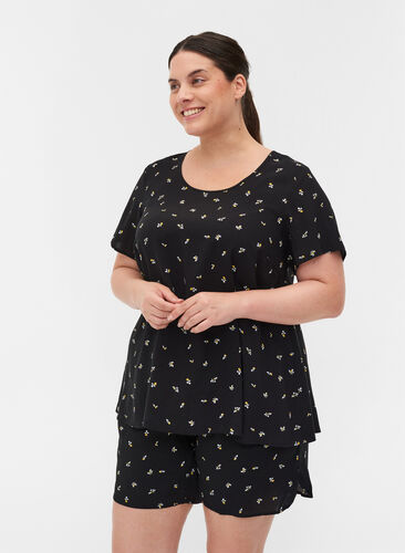 Viscose blouse with print and short sleeves, Black AOP, Model image number 0