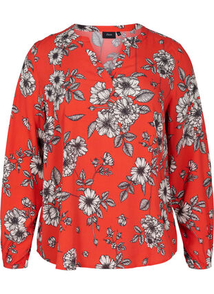 Long-sleeved floral viscose blouse, Fiery Red Flower AOP, Packshot image number 0