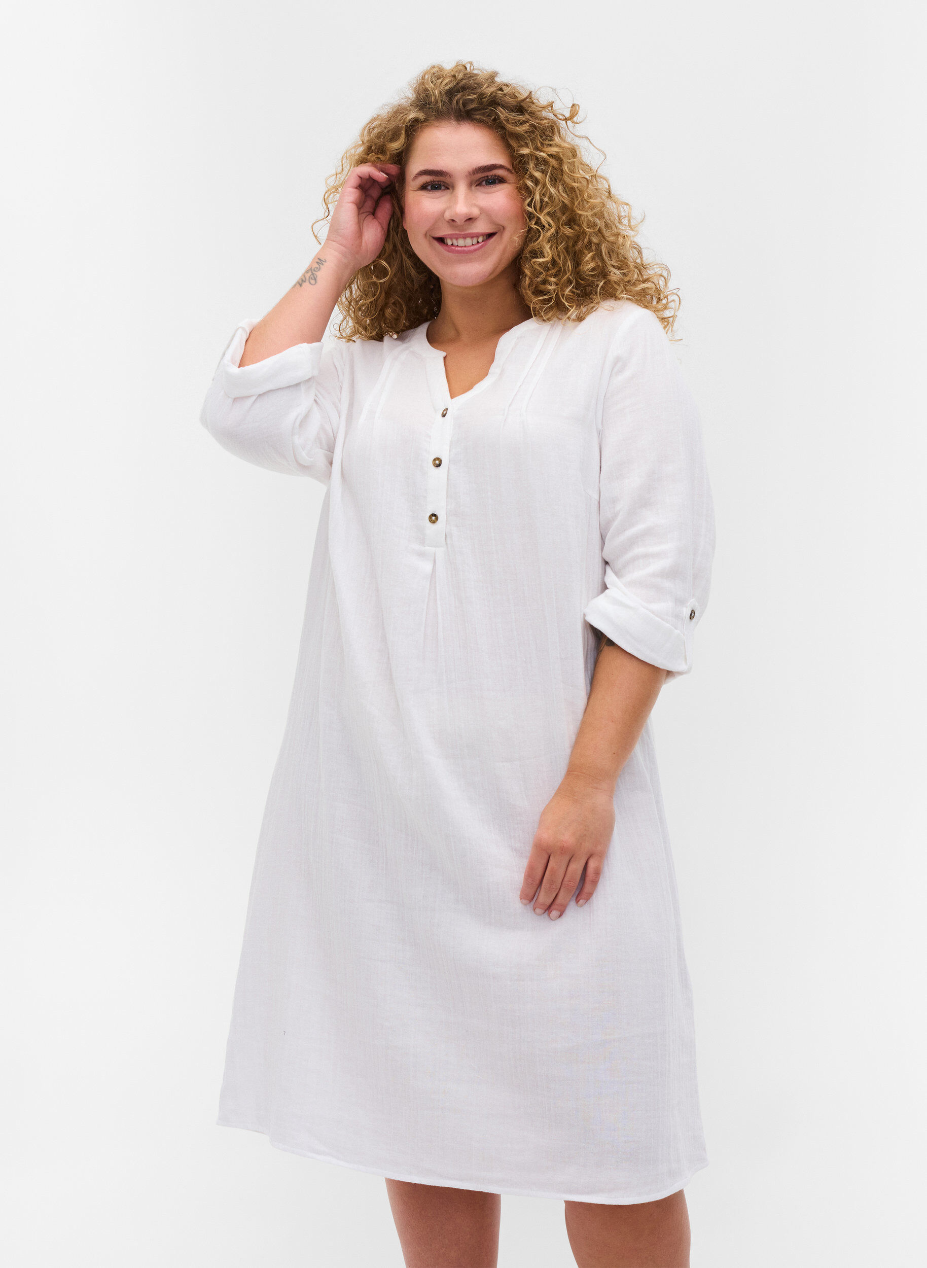 Zizzifashion Cotton dress with 3/4 sleeves, Bright White, Model image number 0