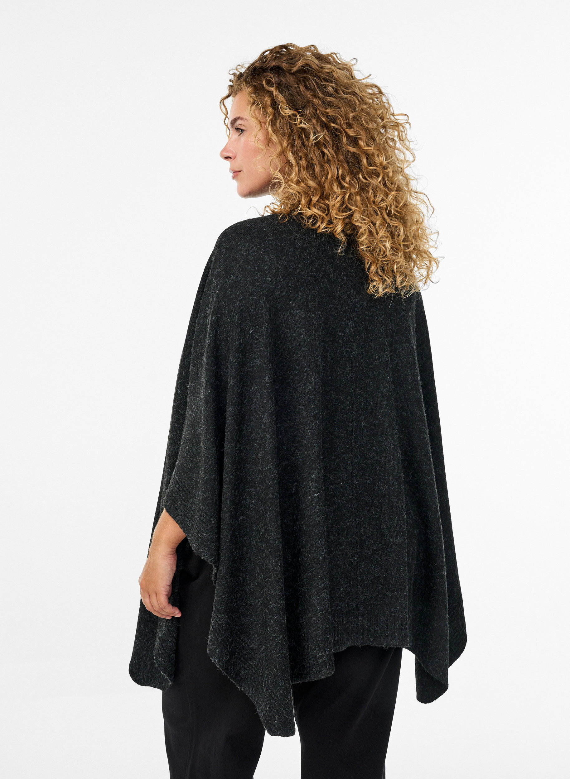 Zizzifashion Poncho with rib details and a round neck, Dark Grey, Model image number 2