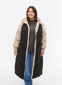 Long colorblock winter jacket with hood, Black Comb, Model