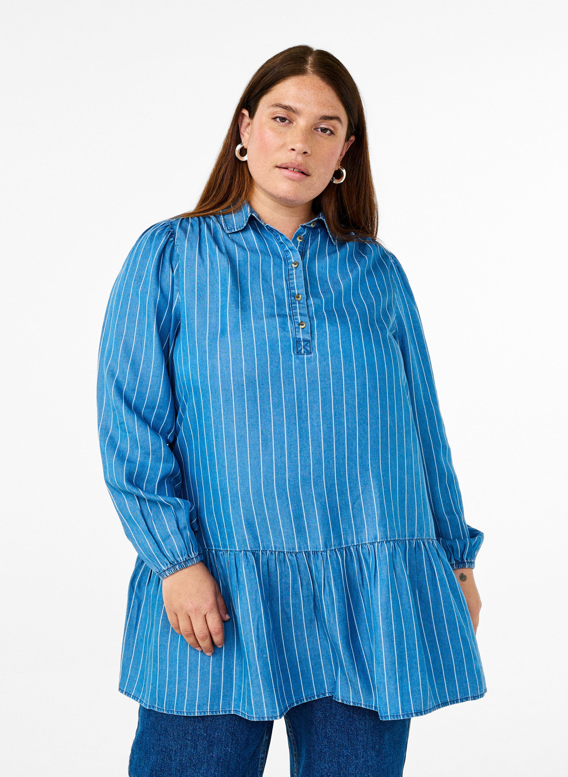 Denim tunic with TENCEL&trade; and stripes, Blue, Model