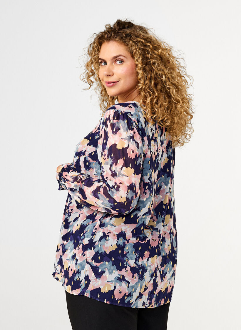 Floral blouse with long sleeves and V-neck, Night Sky AOP Flower, Model image number 1