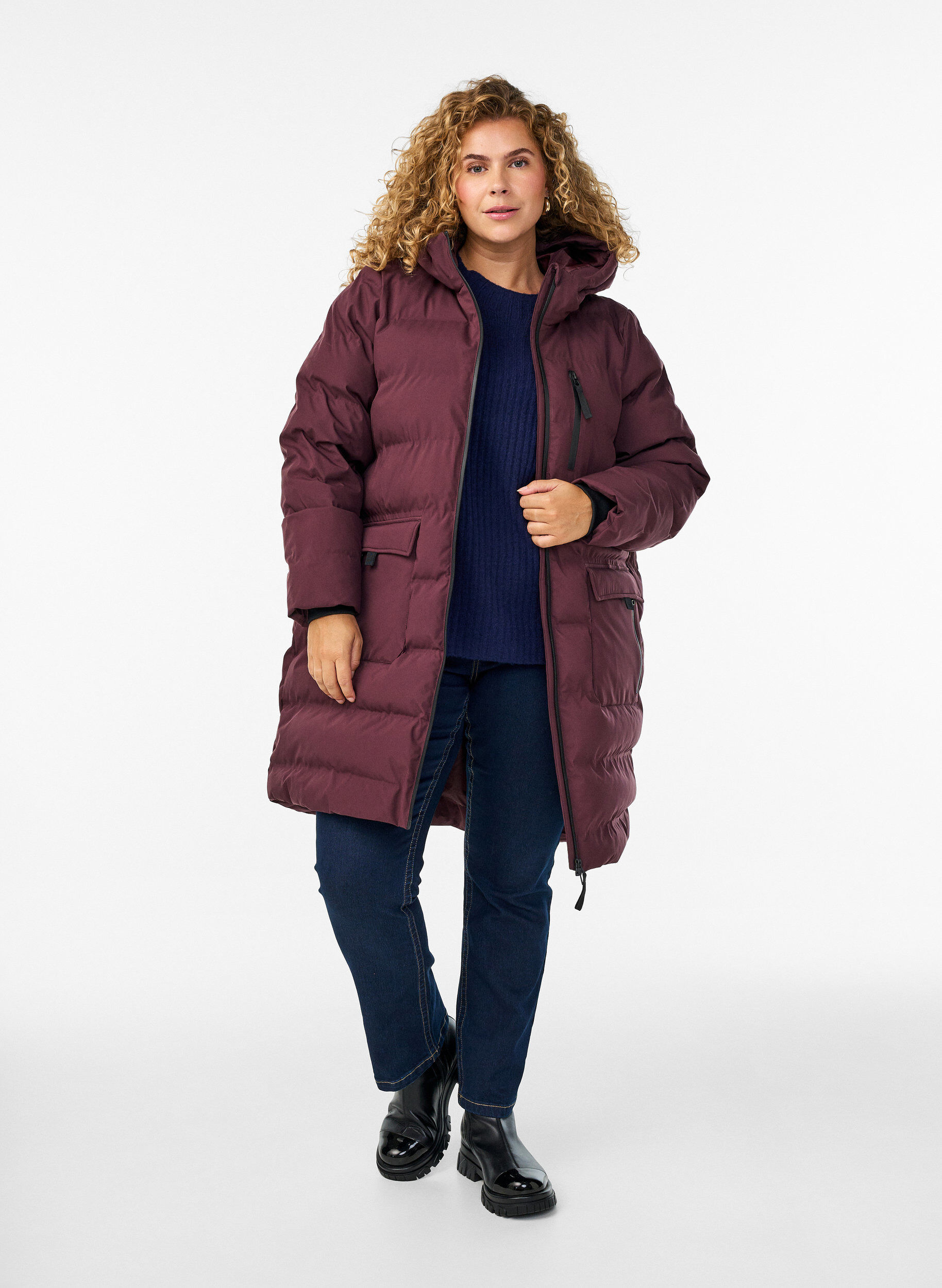 Zizzifashion Puffer coat with hood and pockets, Dark Bordeaux, Model image number 1