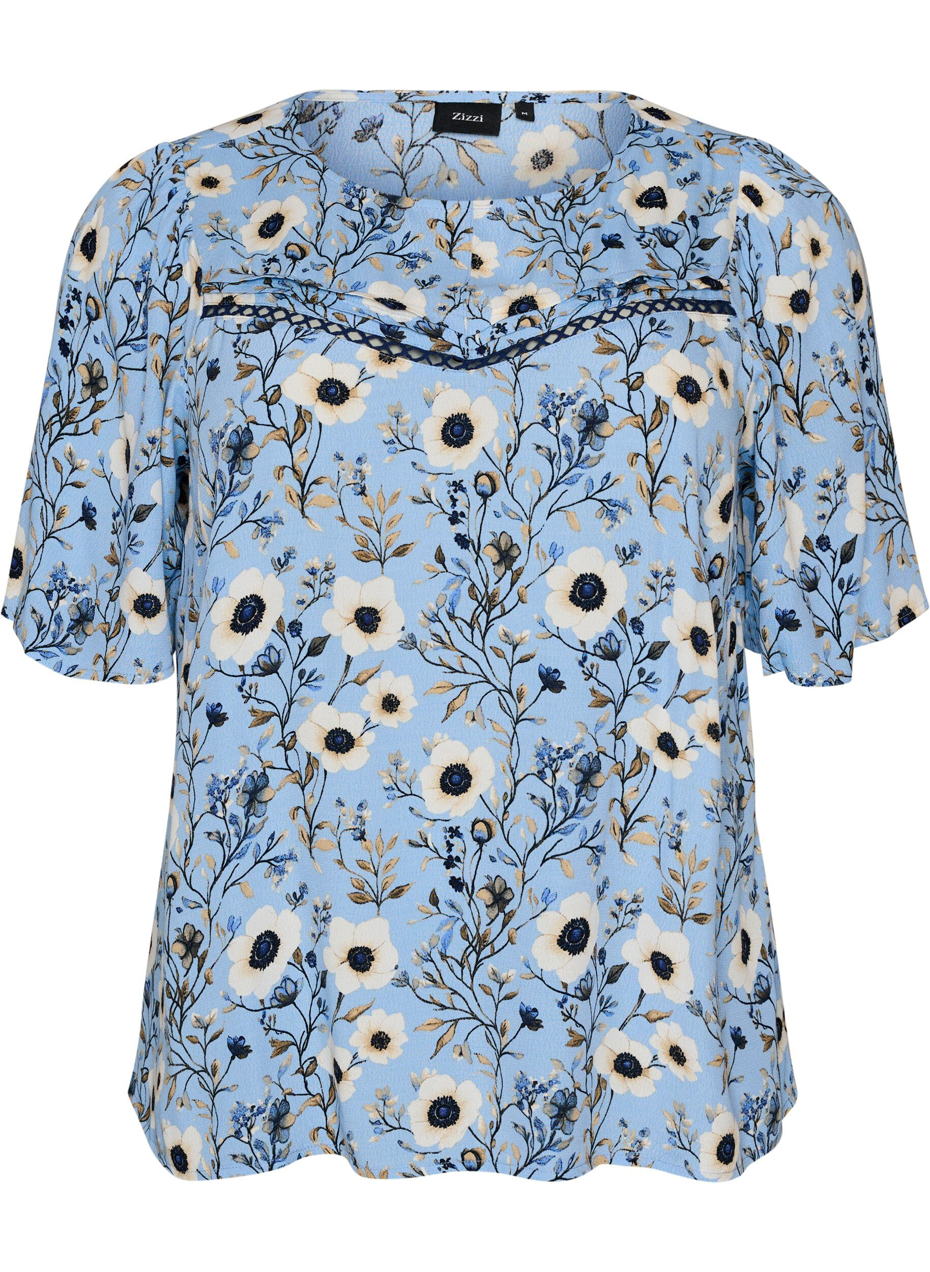 ZizzifashionFloral blouse with short sleeves, Blue, Packshot image number 0