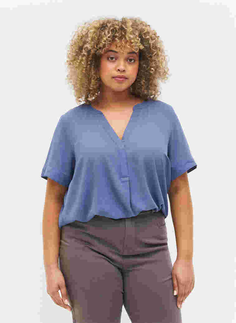 Short-sleeved v-neck blouse, Coastal Fjord, Model image number 0