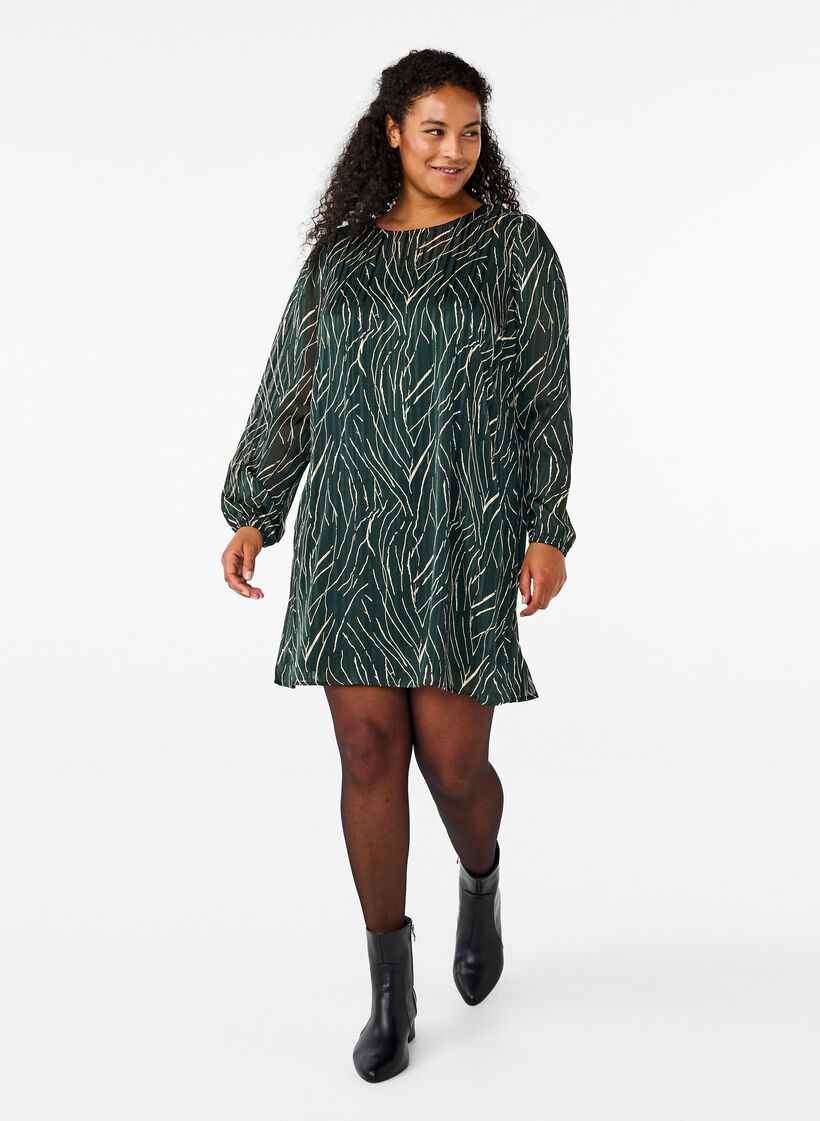 Short printed dress with a round neck, Scarab Safari AOP, Model image number 2