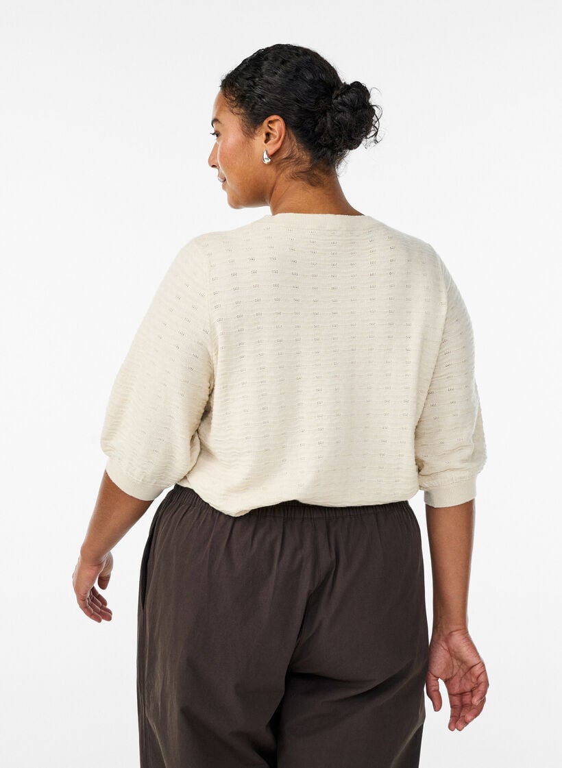 Knitted blouse with textured pattern and short sleeves, Beige, Model image number 2