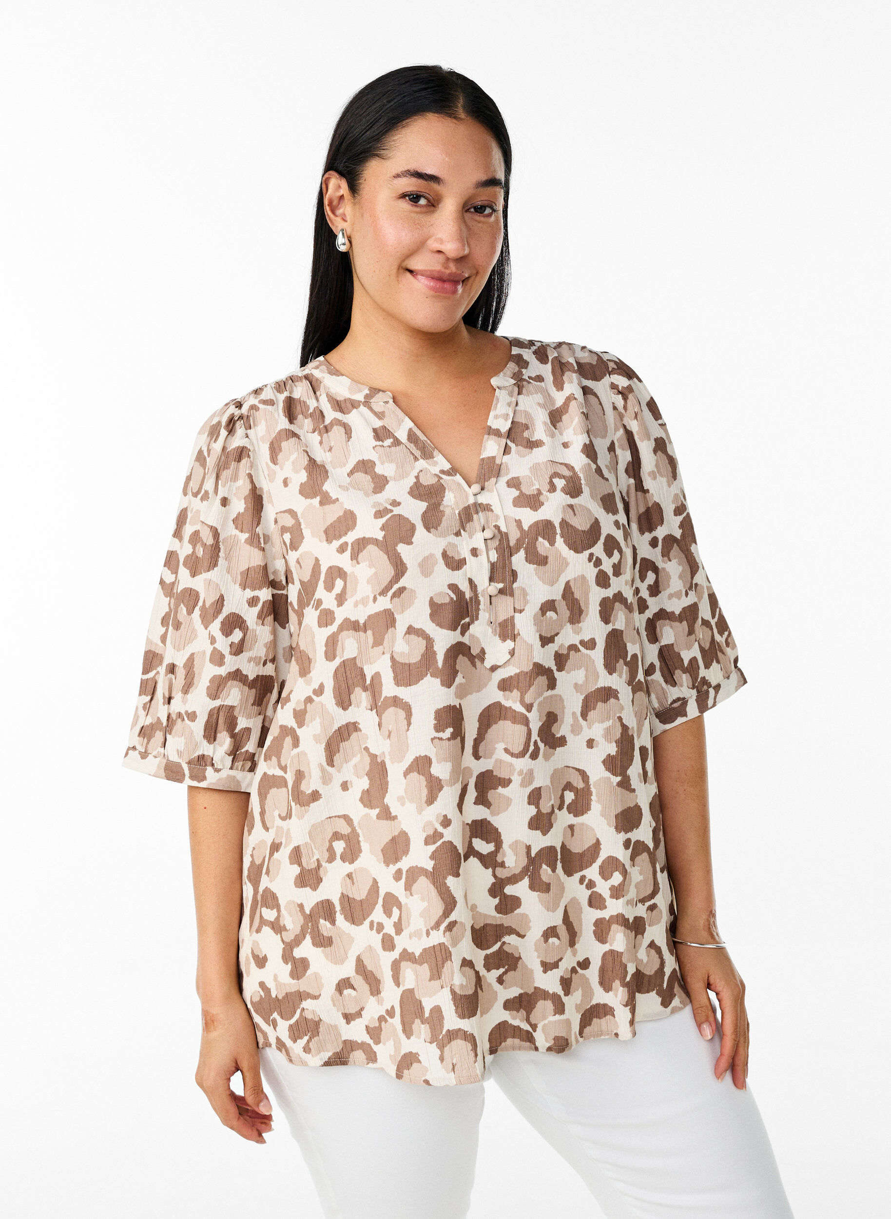 Zizzifashion Leopard print blouse with 1/2 sleeves, White, Model image number 0
