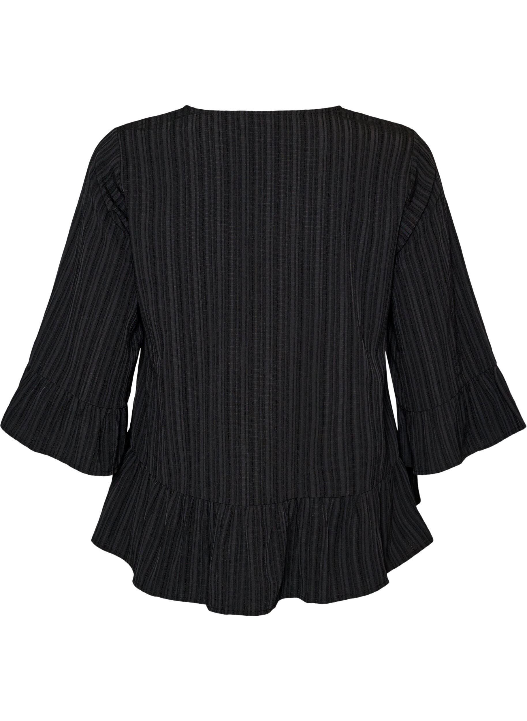 ZizzifashionBlouse with texture, V-neck and ruffles, Black, Packshot image number 1