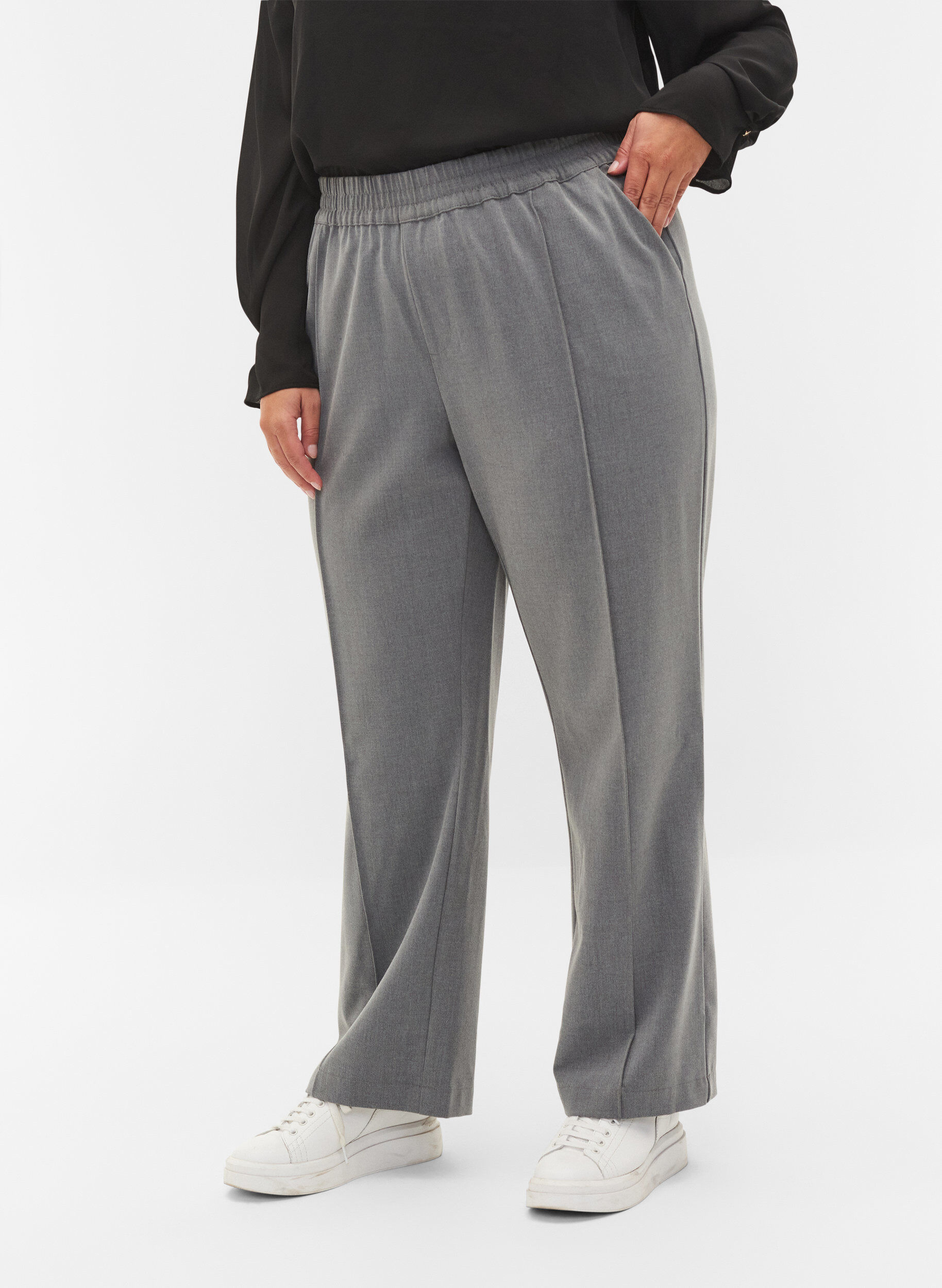 Zizzifashion Grey melange trousers with elastic waist, Medium Grey Melange, Model image number 1