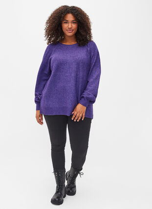 Melange knitted jumper with rib and balloon sleeves, Ultra Violet Mel., Model image number 2