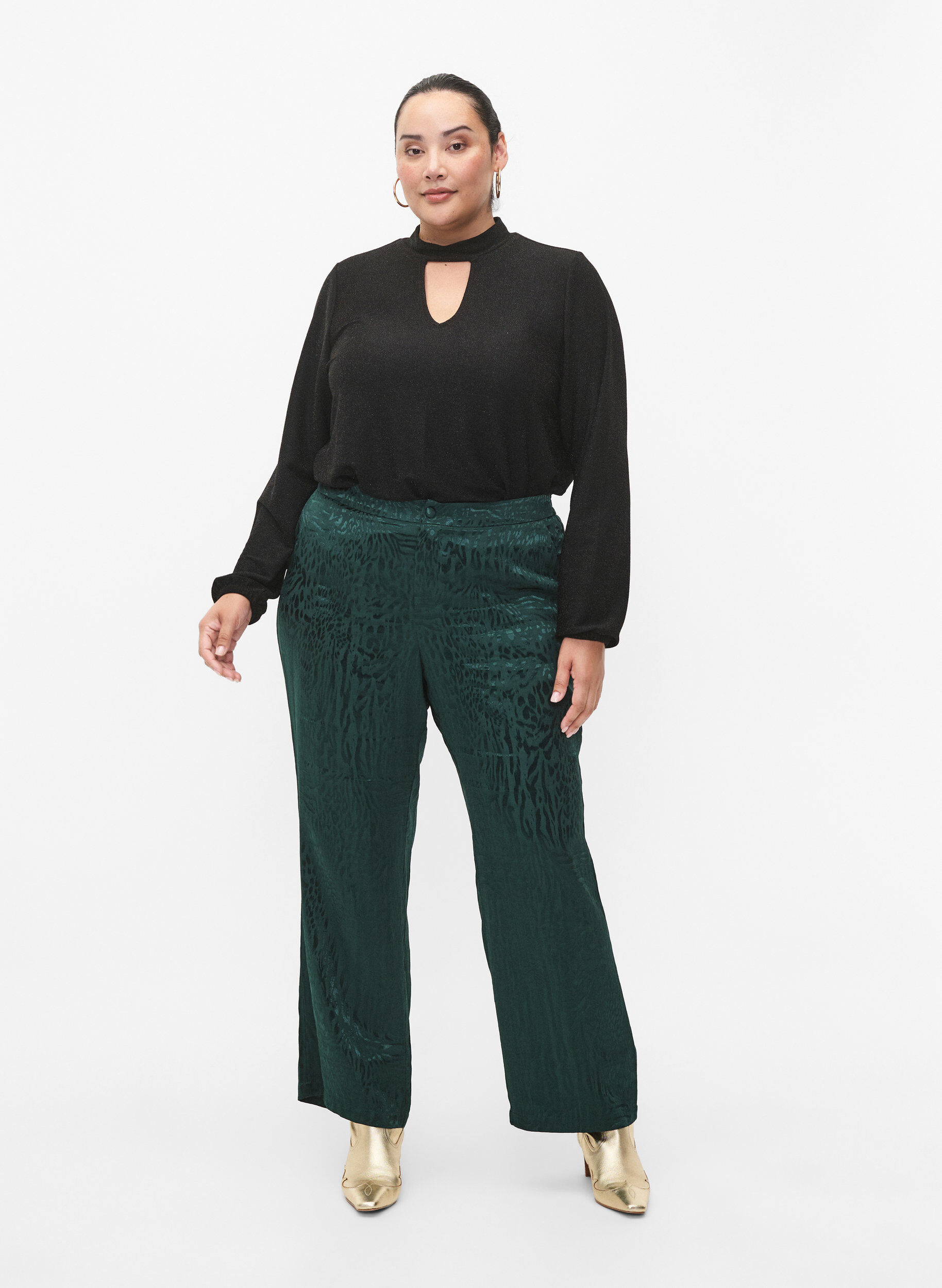 Zizzifashion Long-sleeved glitter blouse with round neck and V-detail, Black Black, Model image number 3