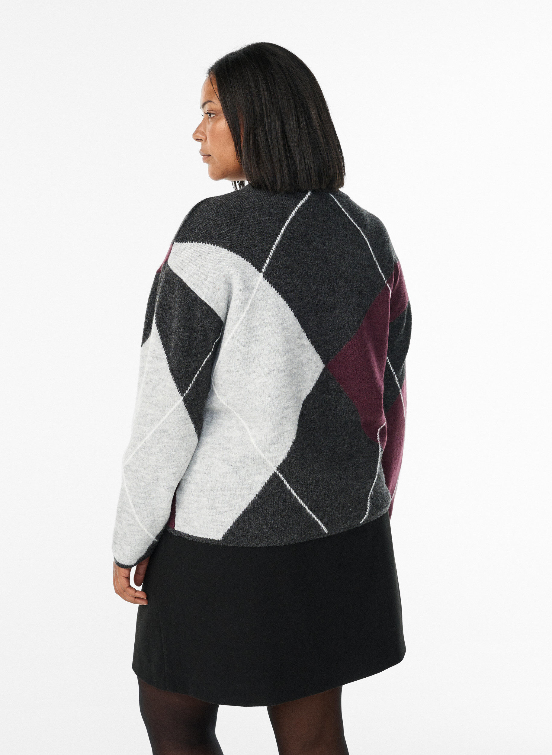 Zizzifashion Jumper with large checks and contrast sleeves, Dark Grey, Model image number 2