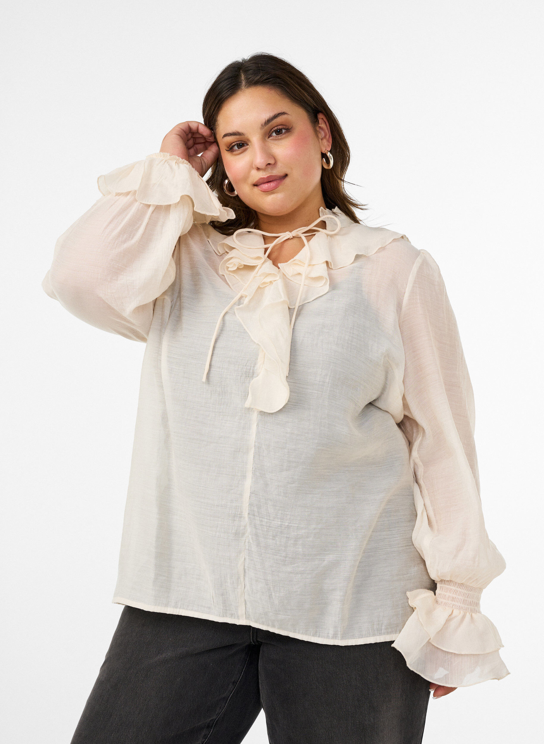 ZizzifashionViscose blouse with ruffles and long sleeves, Vanilla, Model image number 0