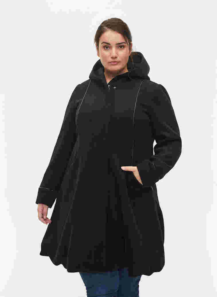 Jacket with wool and hood, Black Solid, Model image number 0