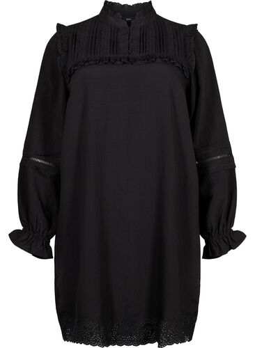Viscose dress with broderie anglaise and ruffle details, Black, Packshot image number 0