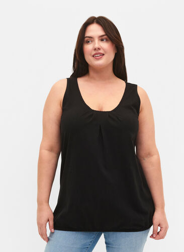 Cotton top with round neck and lace trim, Black, Model image number 0
