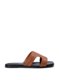 Flat slip-on wide fit sandals with studs, Friar Brown, Packshot
