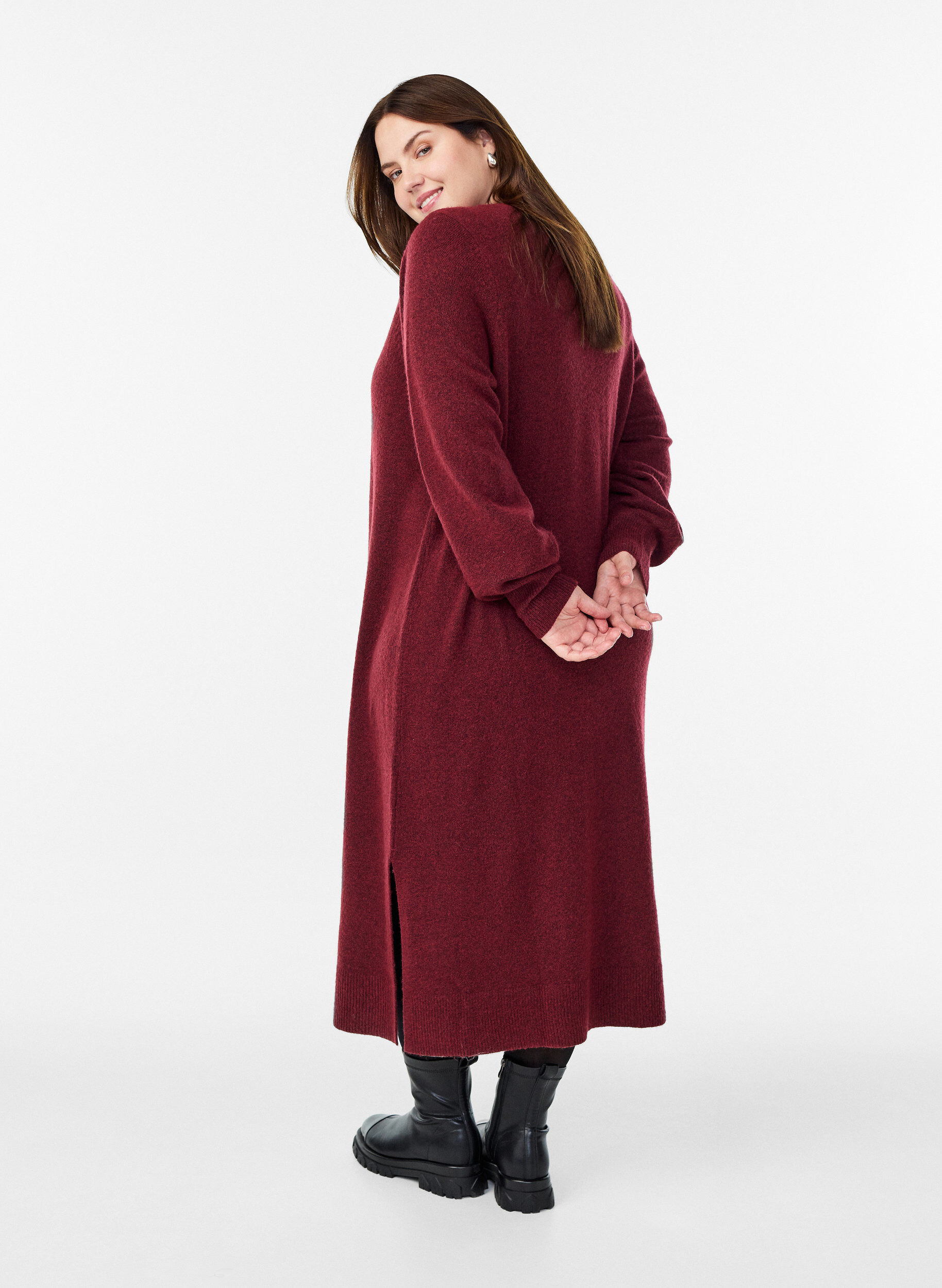 ZizzifashionLong-sleeved knit dress with V-neck, Red, Model image number 1