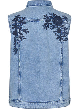 Denim vest with pockets and embroidery, Blue Denim Washed, Packshot image number 1
