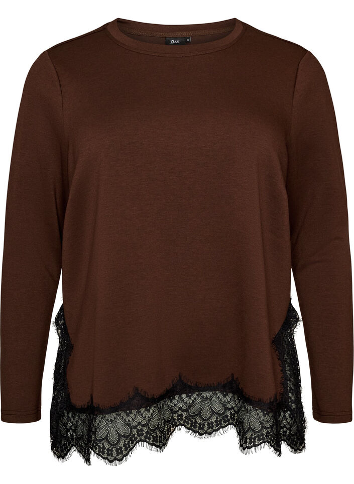 Jersey blouse with lace trim, Brown, Packshot image number 0