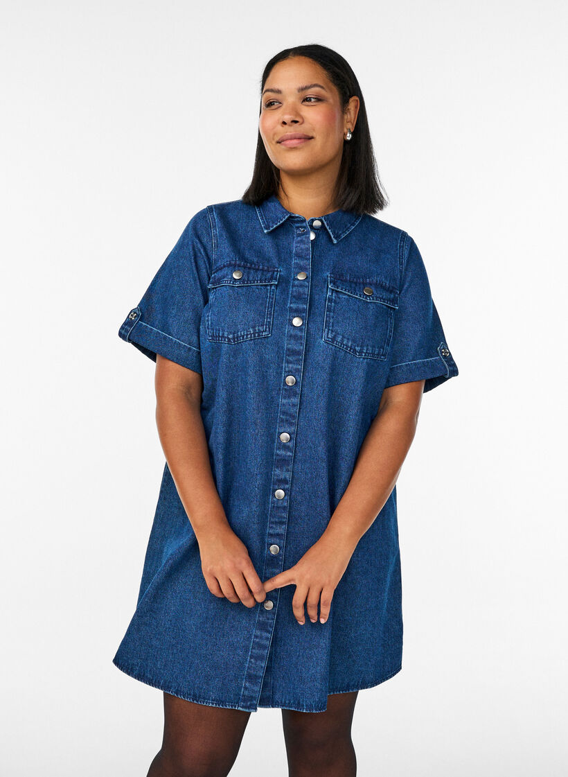 Denim dress with short sleeves and buttons, Blue, Model image number 0