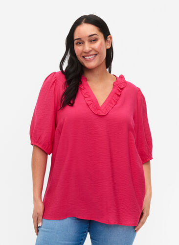 Viscose blouse with puff sleeves and ruffles, Bright Rose, Model image number 0