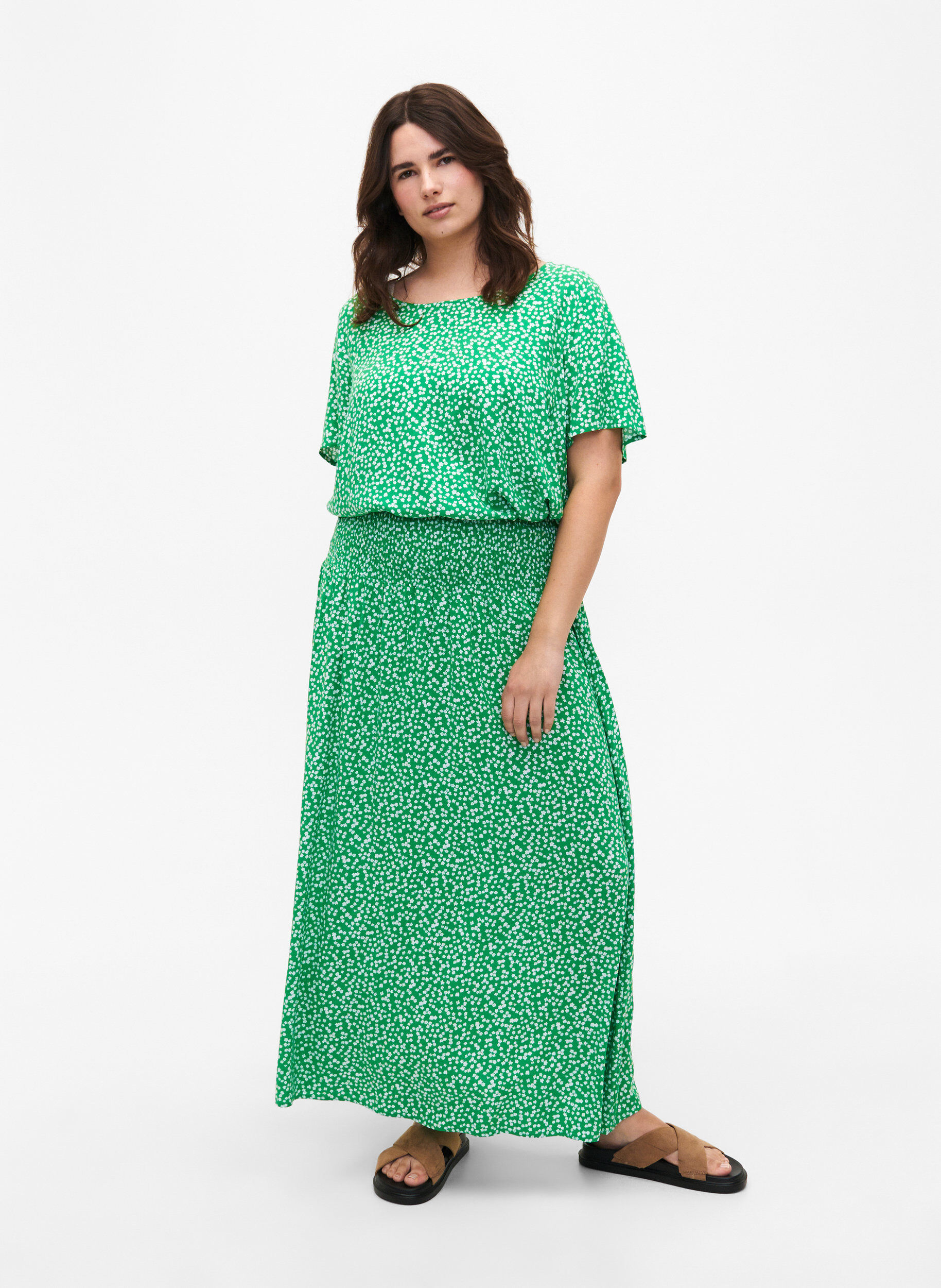 Zizzifashion FLASH - Viscose maxi skirt with smocking, Green, Model image number 0