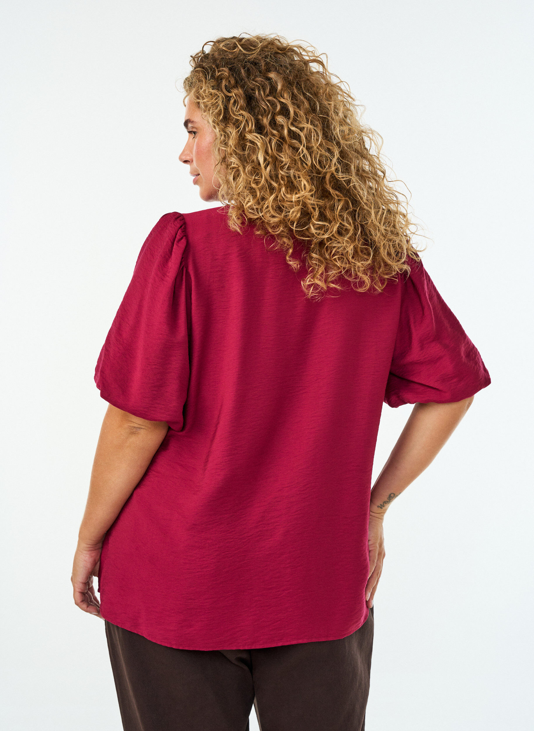 ZizzifashionBlouse with balloon sleeves and V-neck, Red, Model image number 2