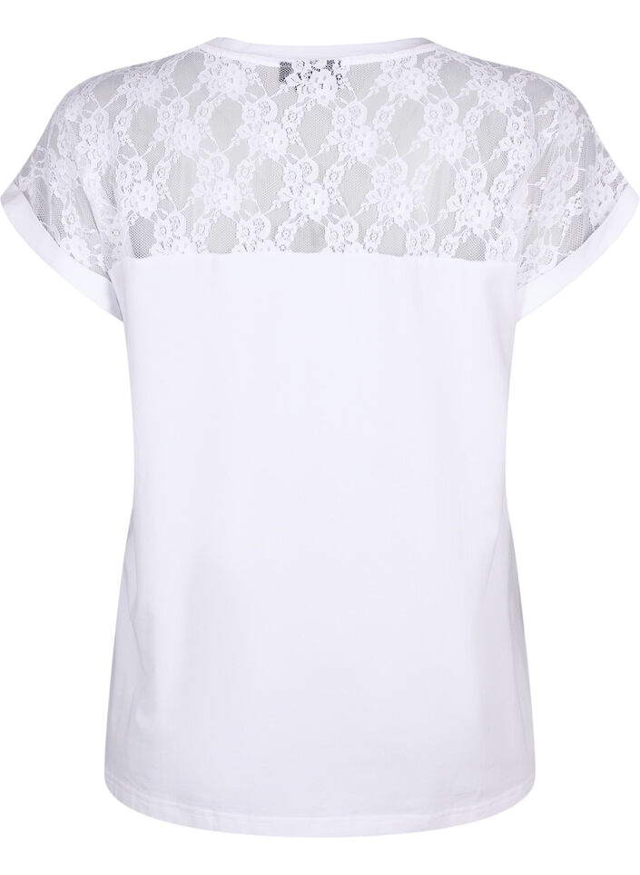 Short-sleeved cotton t-shirt with lace, Bright White, Packshot image number 1