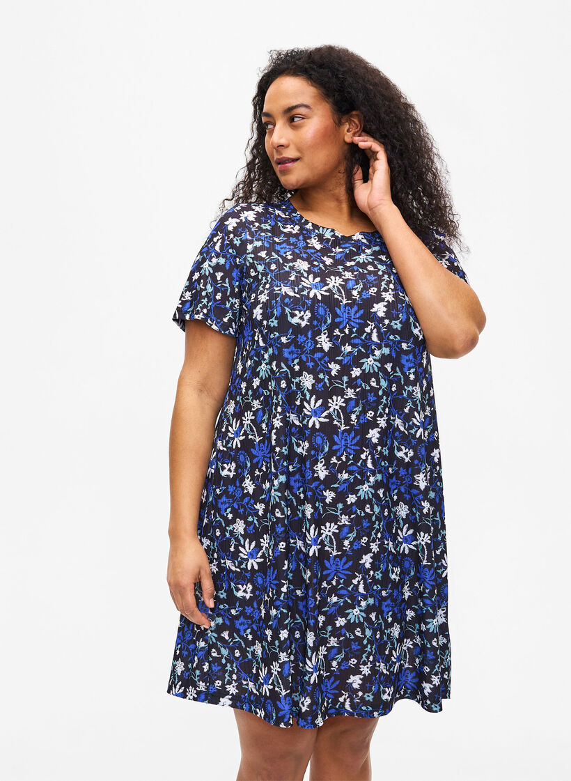 FLASH - Floral print dress with short sleeves, Black Blue Green AOP, Model image number 0