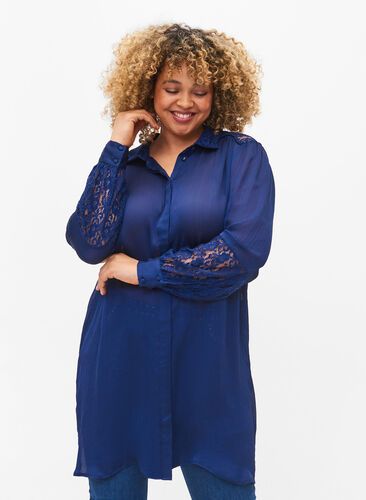 Long shirt with lace details, Evening Blue, Model image number 0