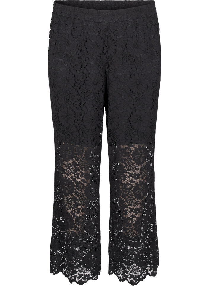 Lace trousers with a high waist and pockets, Black, Packshot image number 0