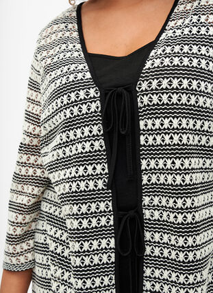 Crochet cardigan with tie belt, Black White, Model image number 2